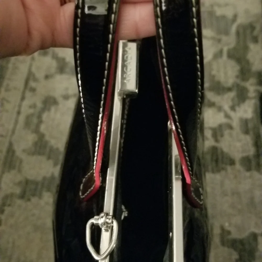 Arcadia Black Patent Leather Satchel with Top Handles & Removable Shoulder Strap